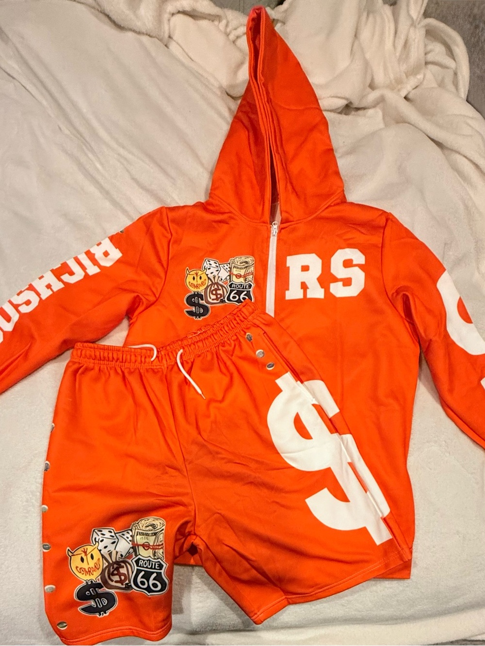 Richsoon Orange Zip Hoodie & Shorts Set with Graphic Accents